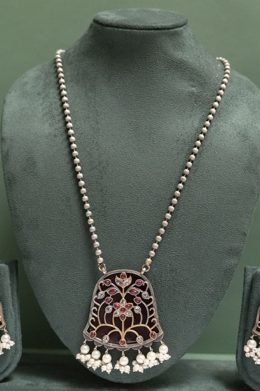 German Silver Chain Pendant with Dangling  White Beads