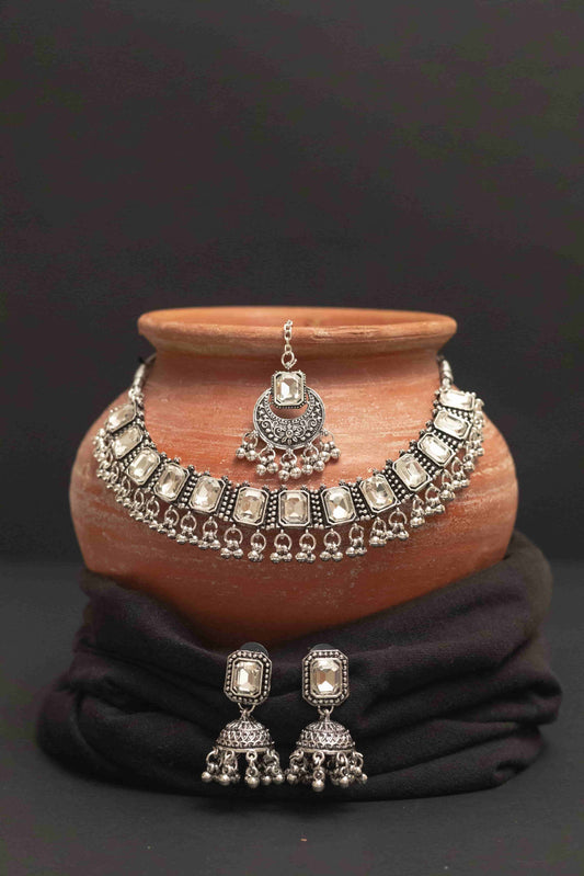 Oxidised Combo White Stone Choker Necklace with Dangling Beads