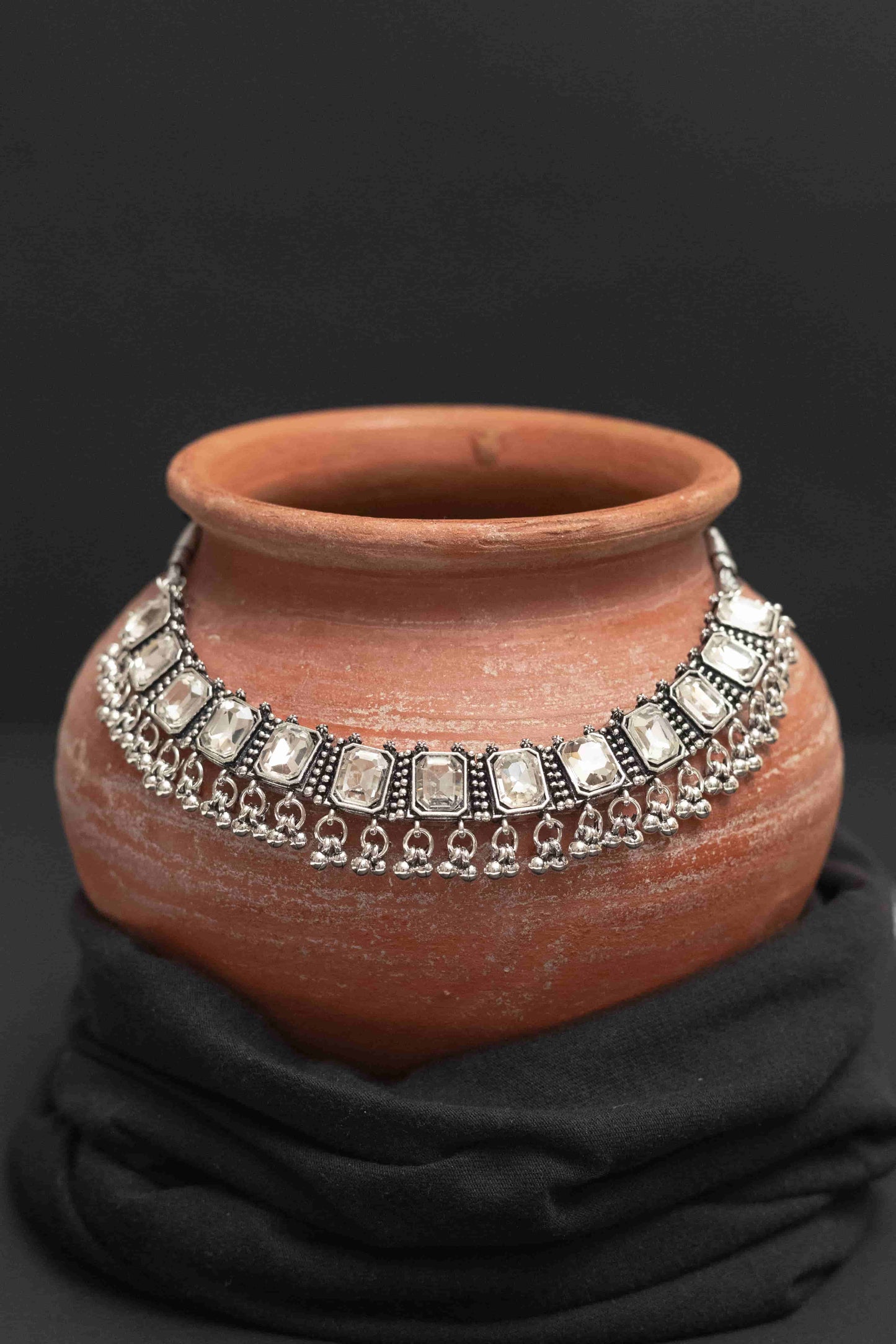 Oxidised Combo White Stone Choker Necklace with Dangling Beads