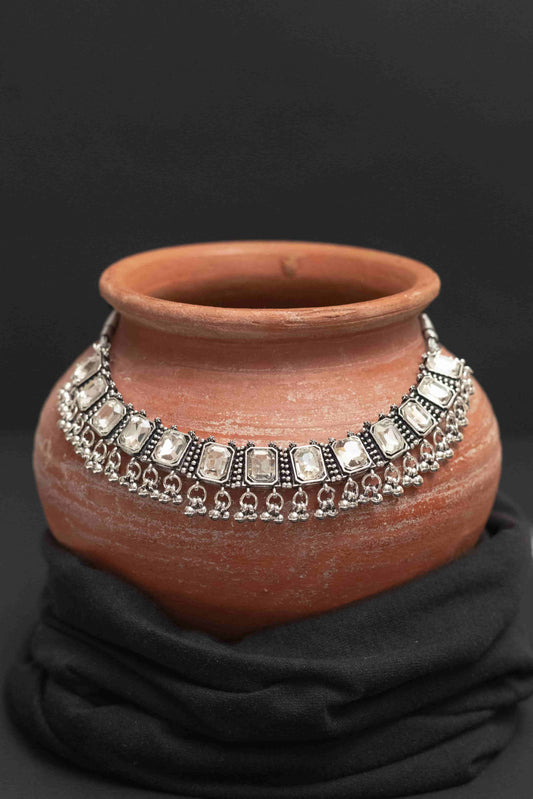 Oxidised Combo White Stone Choker Necklace with Dangling Beads