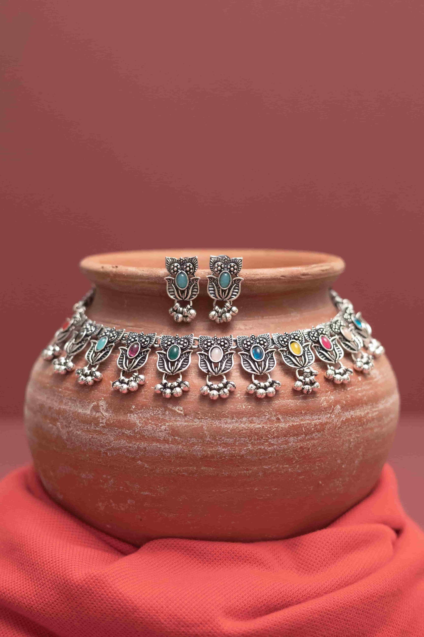 Oxidised Multicolor Rose Choker Necklace with Dangling Beads