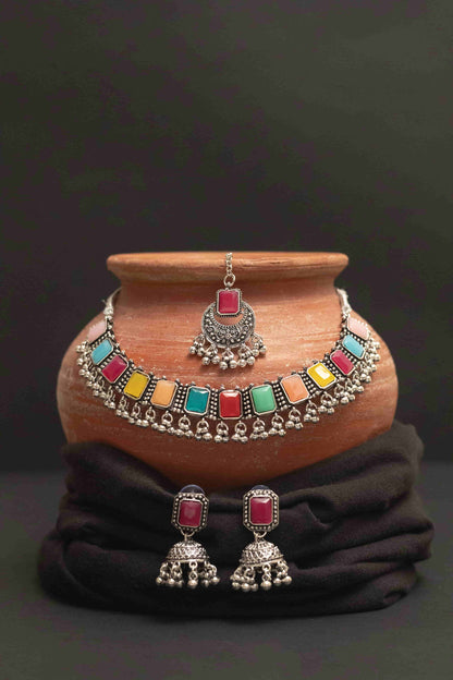 Oxidised Meena Choker Necklace Set with Rectangular Multi-Colored Stones