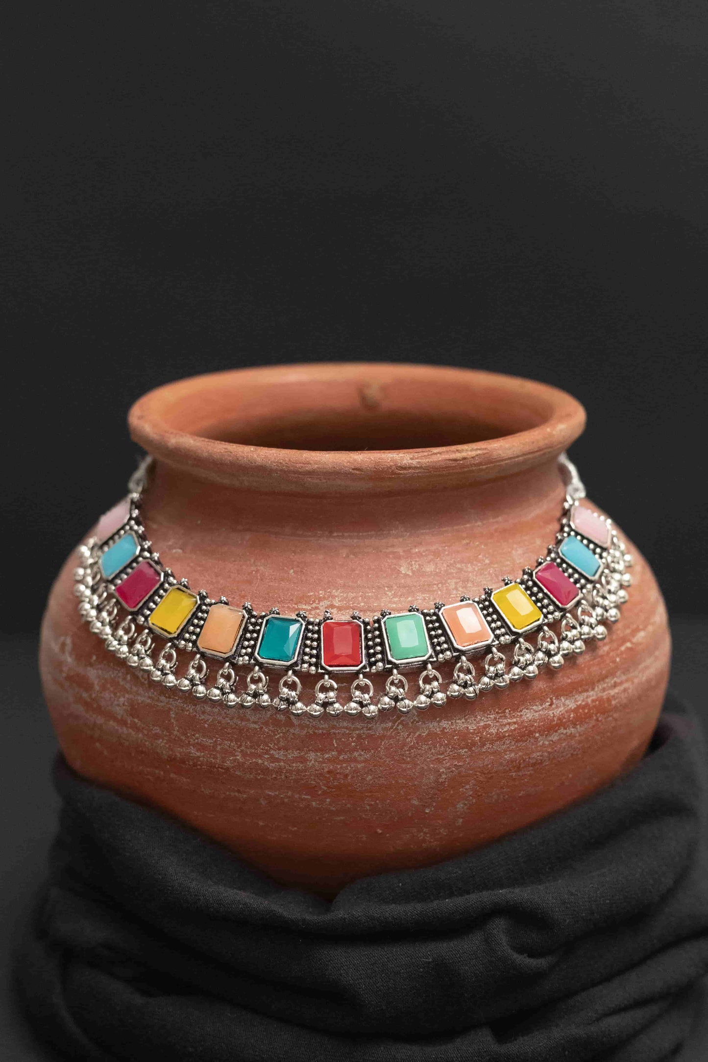 Oxidised Meena Choker Necklace Set with Rectangular Multi-Colored Stones