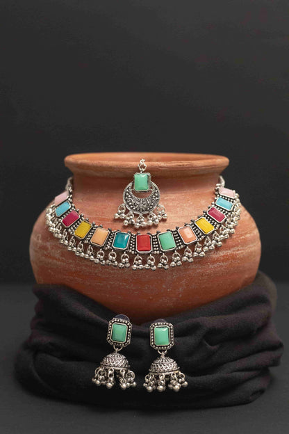 Oxidised Meena Choker Necklace Set with Rectangular Multi-Colored Stones