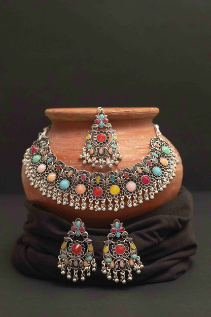 Oxidised Meena Choker Necklace Set with Round Cabochon Stones
