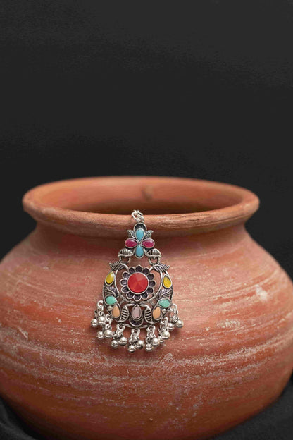 Oxidised Meena Choker Necklace Set with Round Cabochon Stones