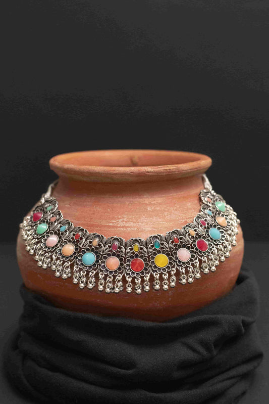 Oxidised Meena Choker Necklace Set with Round Cabochon Stones