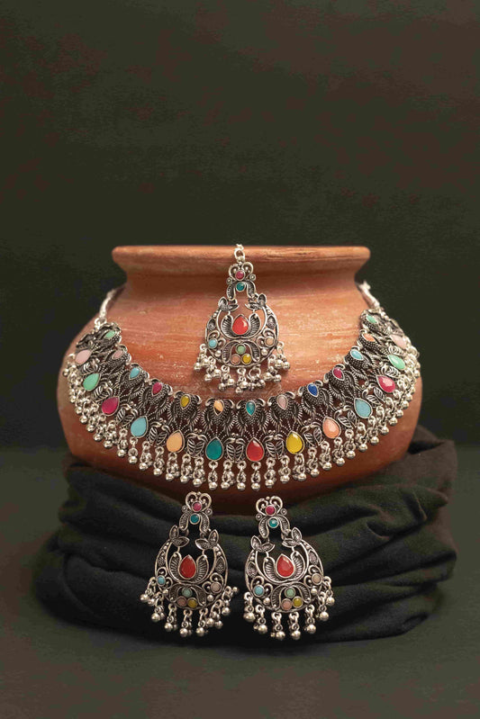 Oxidised Multi-Stone Choker Necklace Set with Jhumka & Tika
