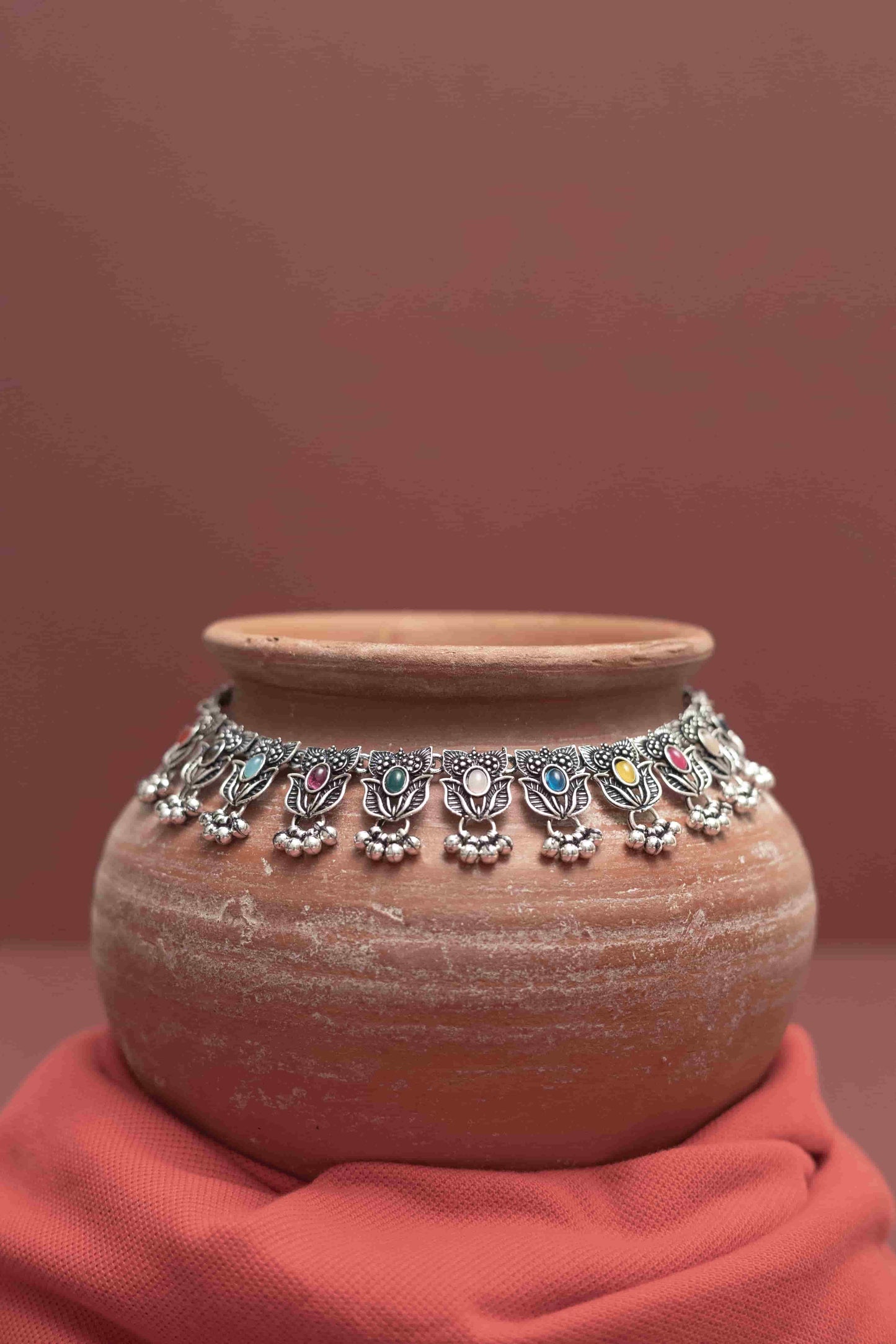 Oxidised Multicolor Rose Choker Necklace with Dangling Beads