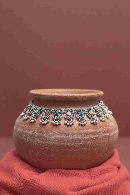 Oxidised Multicolor Rose Choker Necklace with Dangling Beads