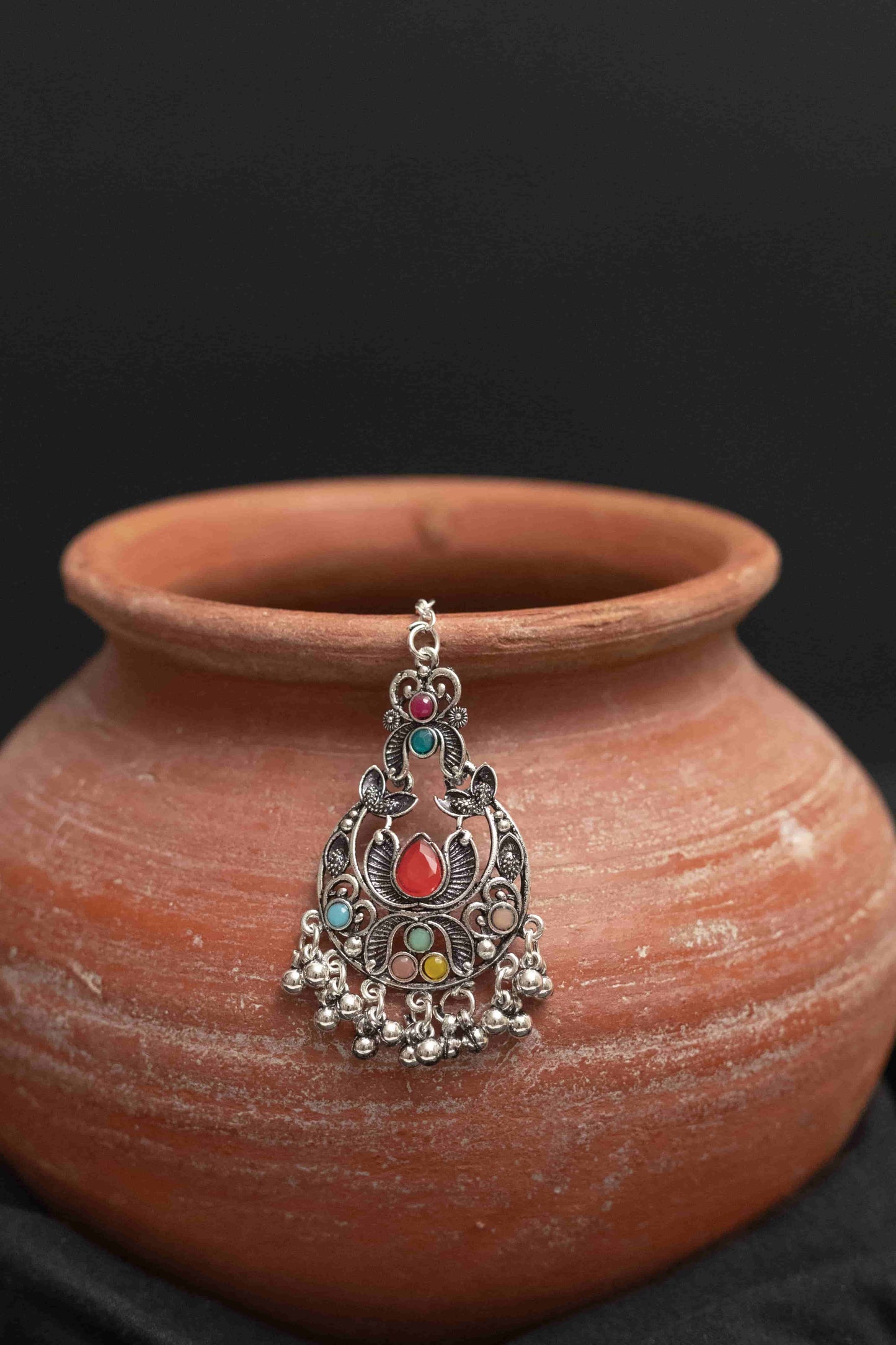 Oxidised Multi-Stone Choker Necklace Set with Jhumka & Tika