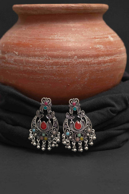 Oxidised Multi-Stone Choker Necklace Set with Jhumka & Tika