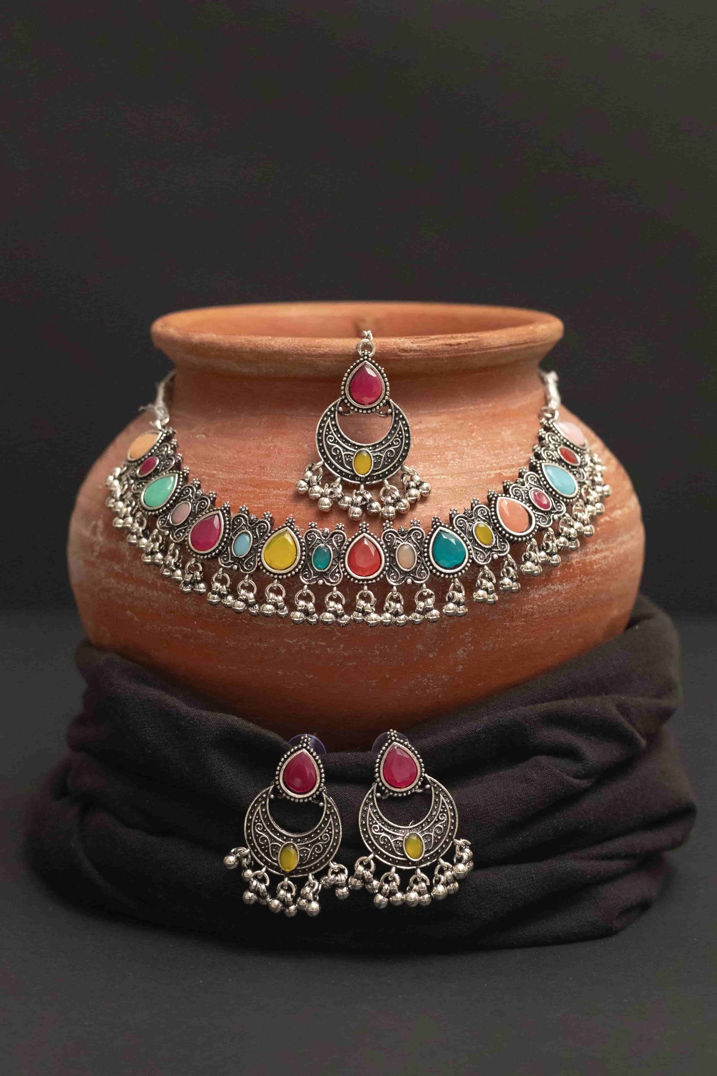 Oxidised Multi-Stone Choker Set with Earrings & Earrings
