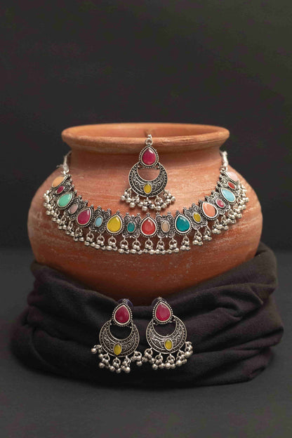 Oxidised Multi-Stone Choker Set with Earrings & Earrings