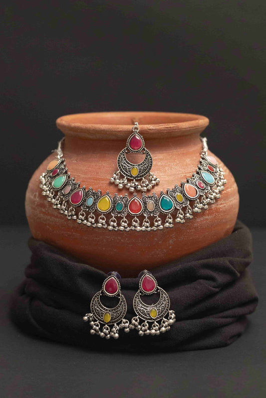 Oxidised Multi-Stone Choker Set with Earrings & Earrings