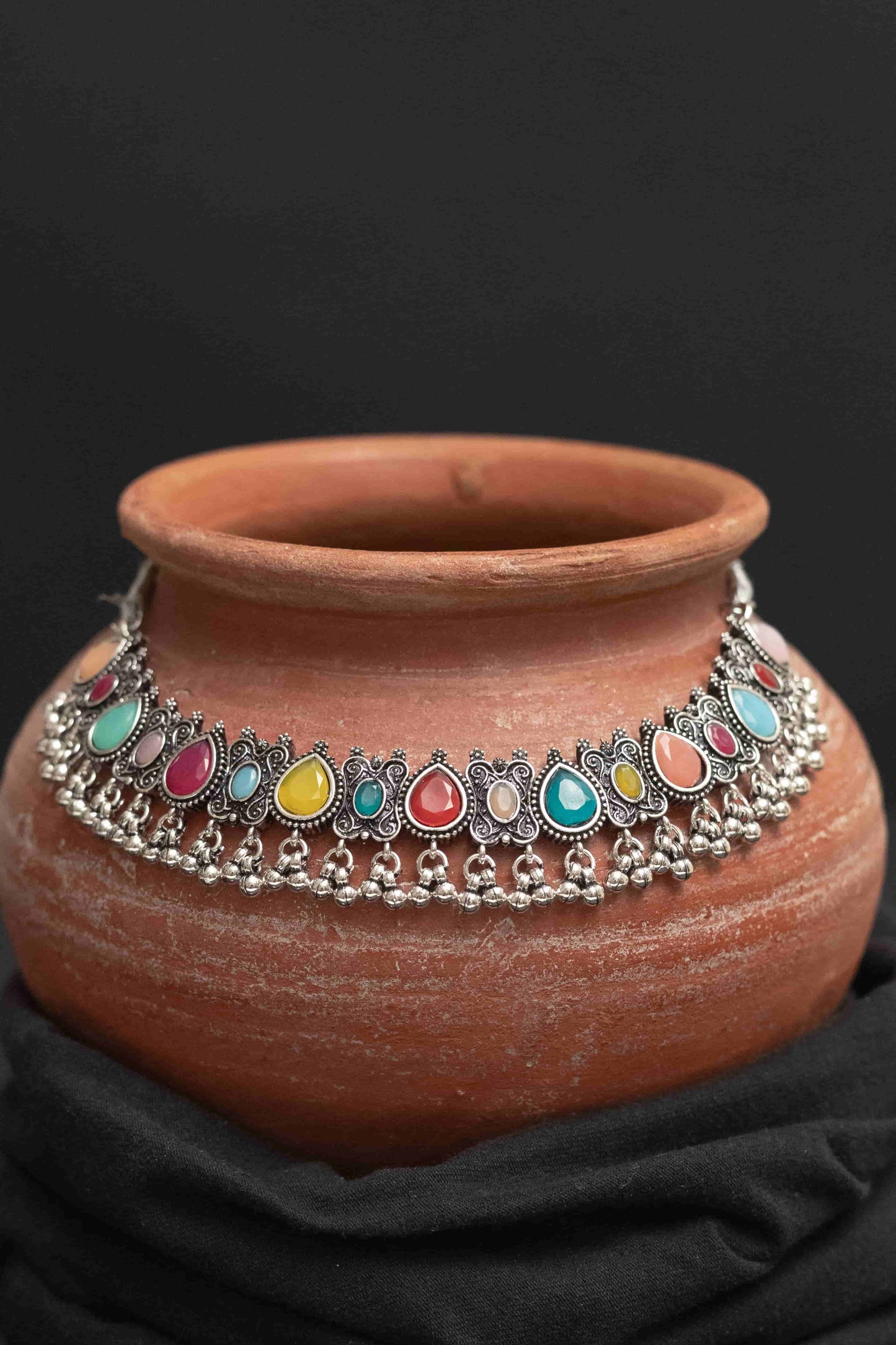 Oxidised Multi-Stone Choker Set with Earrings & Earrings