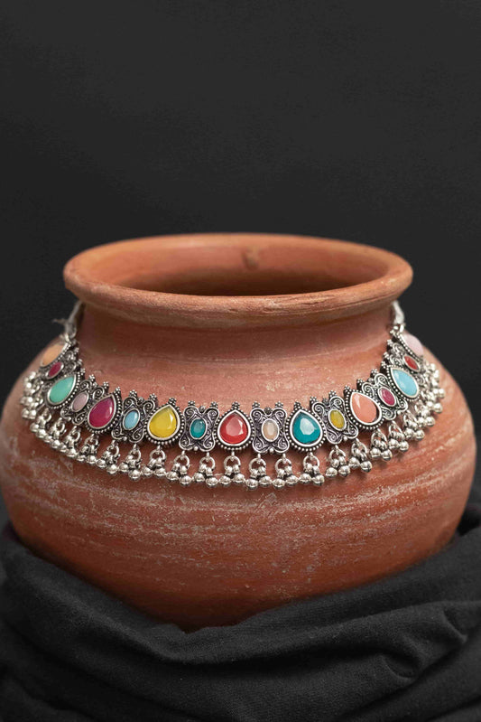 Oxidised Multi-Stone Choker Set with Earrings & Earrings