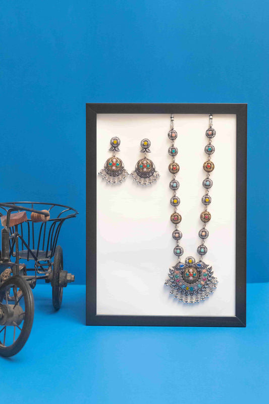 Oxidised Central Floral Crescent Pendant Multi Necklace with Cabochons