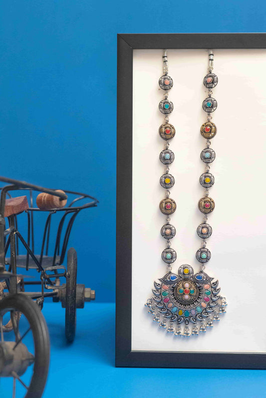 Oxidised Central Floral Crescent Pendant Multi Necklace with Cabochons