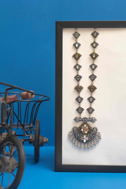 German Silver Mirror Crescent Pendant Necklace with Dangling Beads