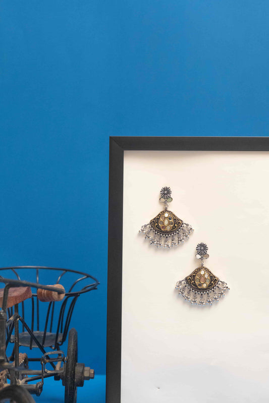 German Silver Mirror Crescent Pendant Necklace with Dangling Beads