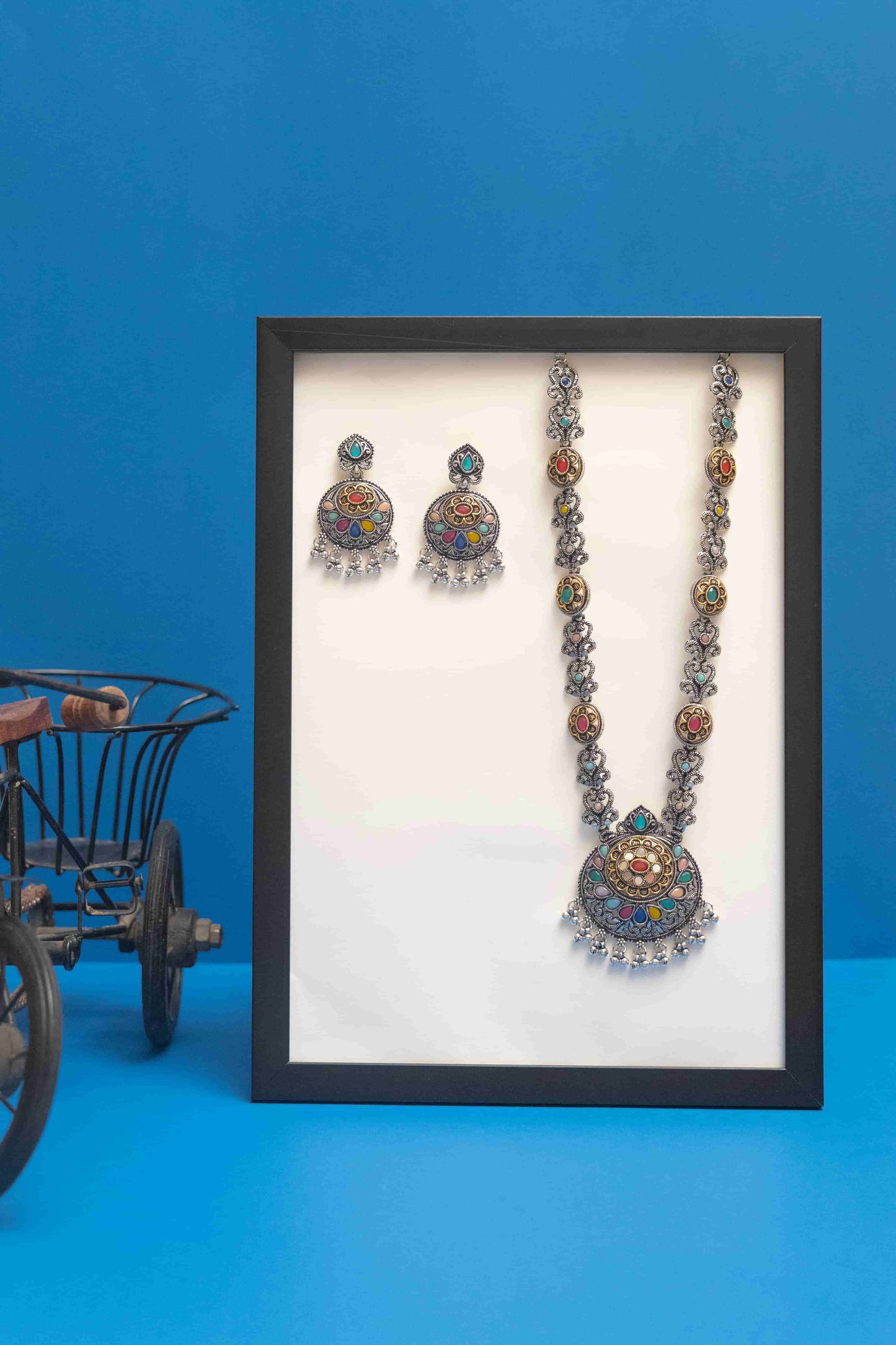 Oxidised Teardrop Pendant Necklace with Multicolor Cabochons & Bells