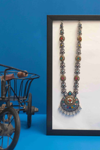 Oxidised Teardrop Pendant Necklace with Multicolor Cabochons & Bells