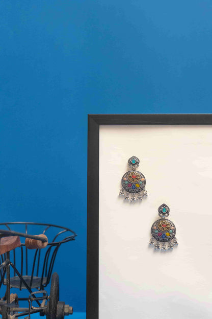 Oxidised Teardrop Pendant Necklace with Multicolor Cabochons & Bells