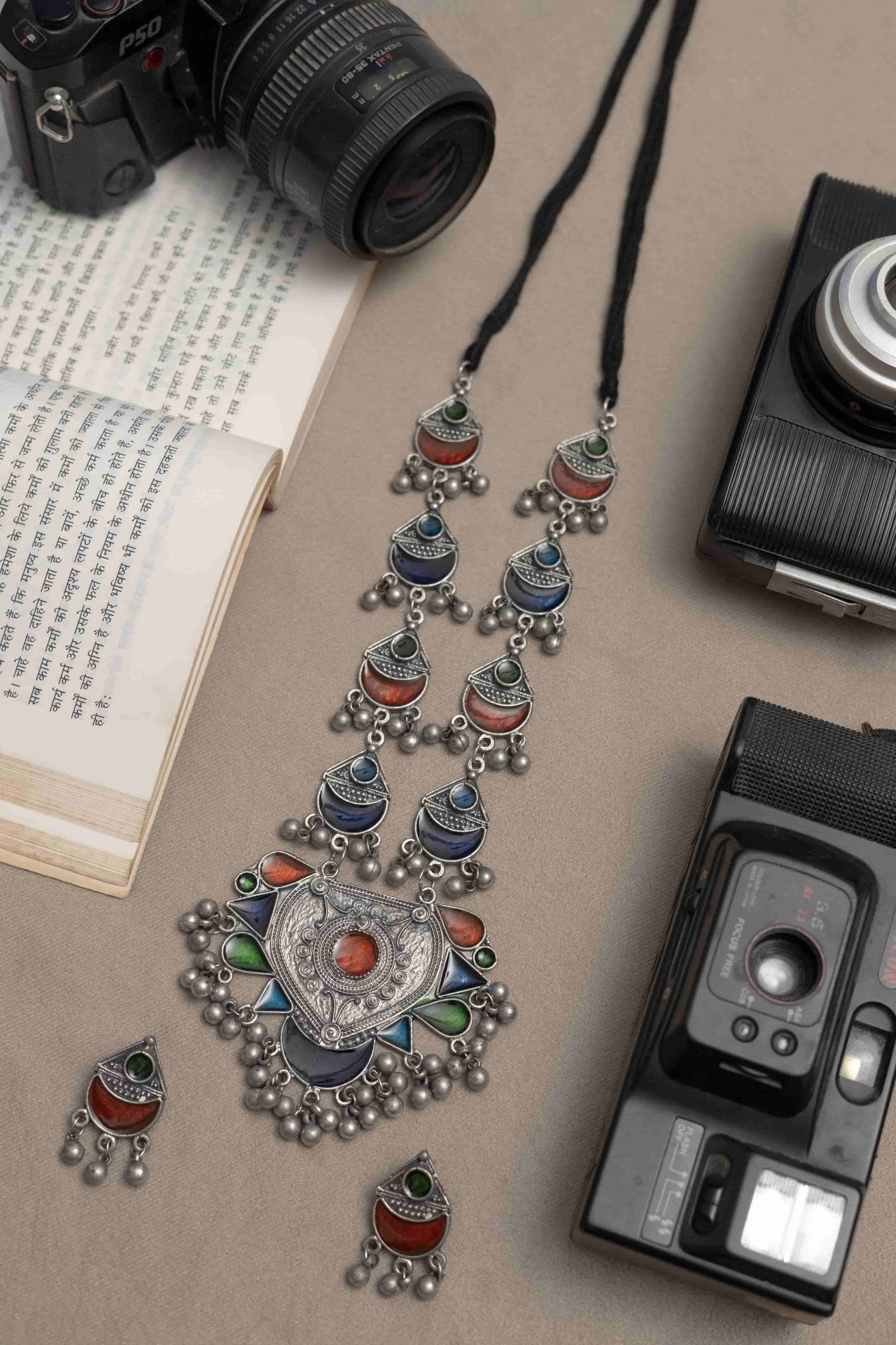 Oxidised Meena Necklace with Geometrical & Crescent Cabochons