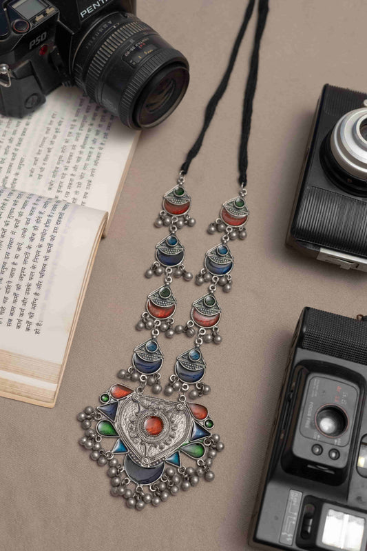 Oxidised Meena Necklace with Geometrical & Crescent Cabochons