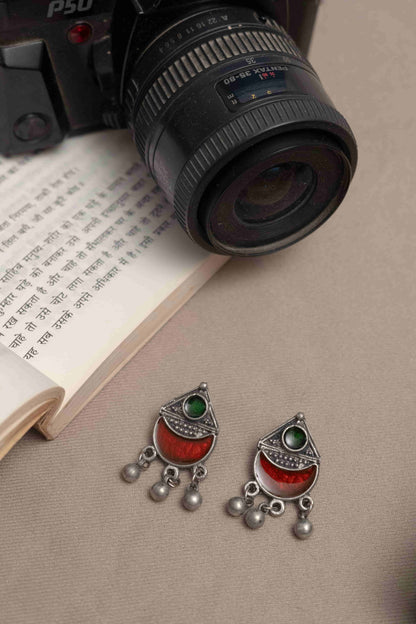 Oxidised Meena Necklace with Geometrical & Crescent Cabochons