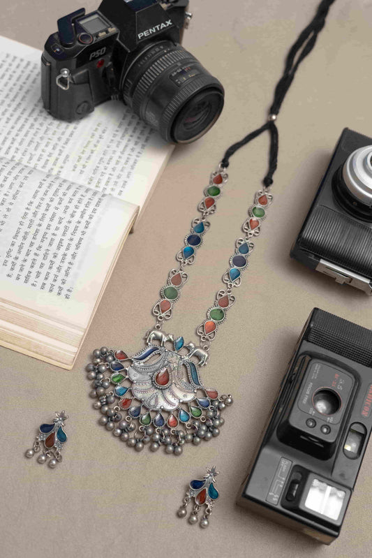 Oxidised Meena Necklace with Round & Teardrop Cabochons