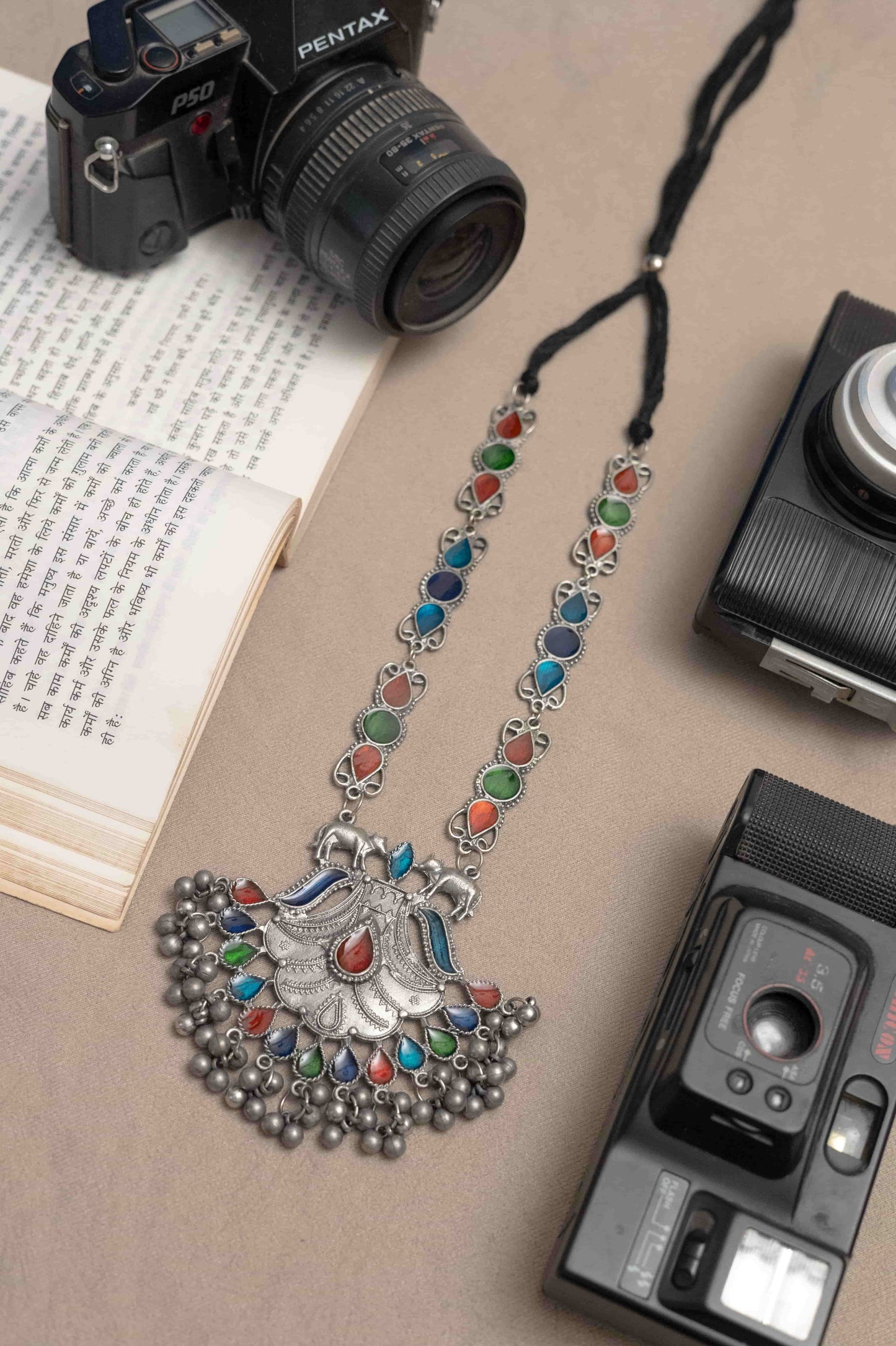 Oxidised Meena Necklace with Round & Teardrop Cabochons