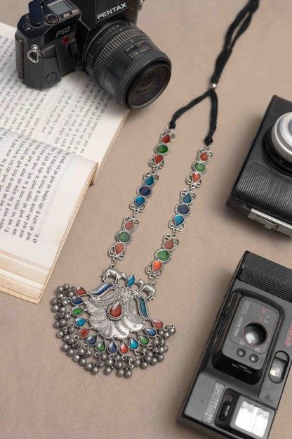 Oxidised Meena Necklace with Round & Teardrop Cabochons