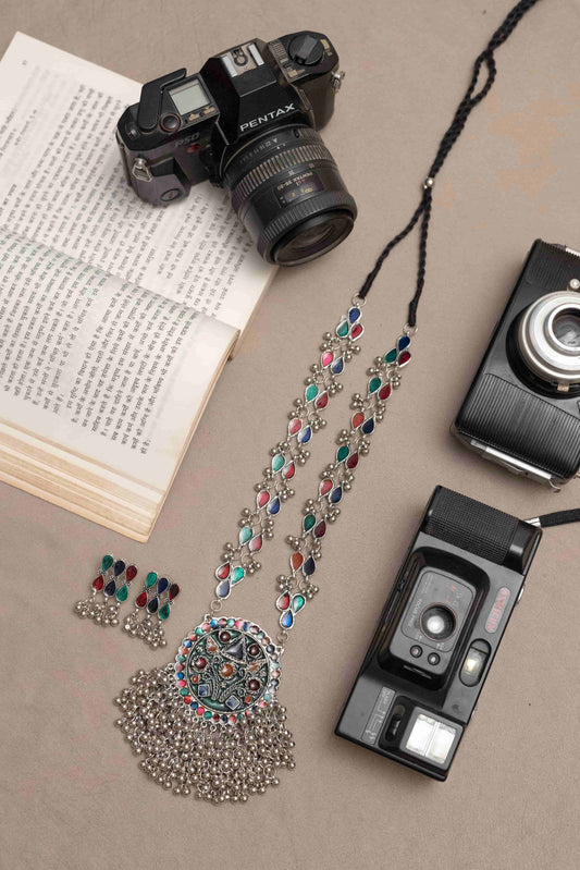 Oxidised Meena with Dangling Beads and Round Charm