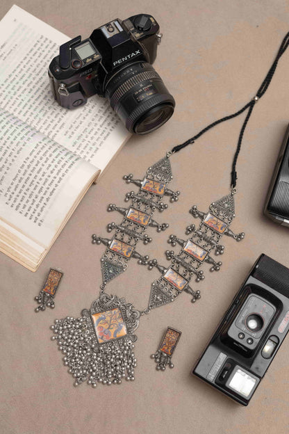 Oxidised Antique Silver Necklace with Meenakari Art