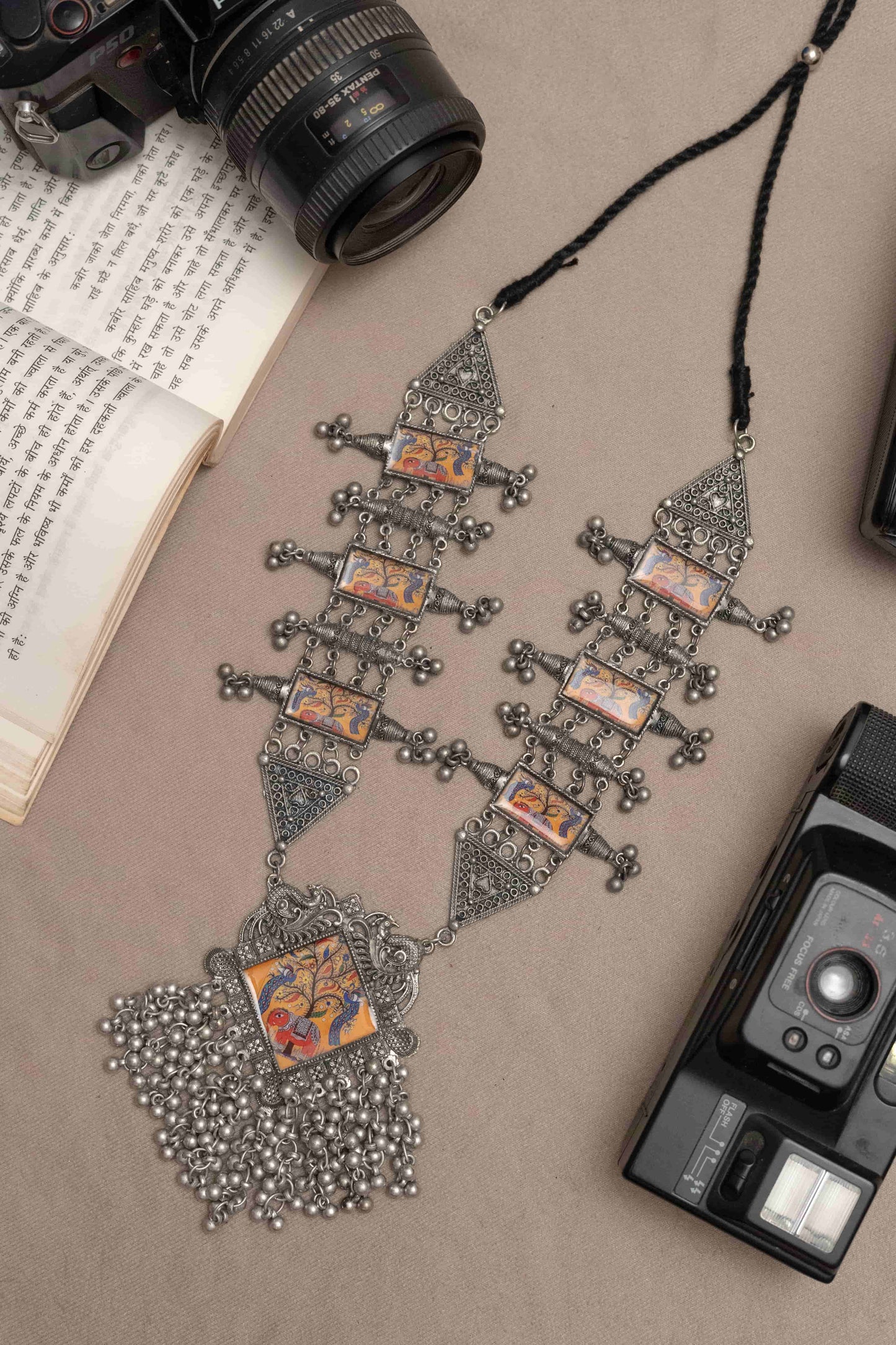 Oxidised Antique Silver Necklace with Meenakari Art
