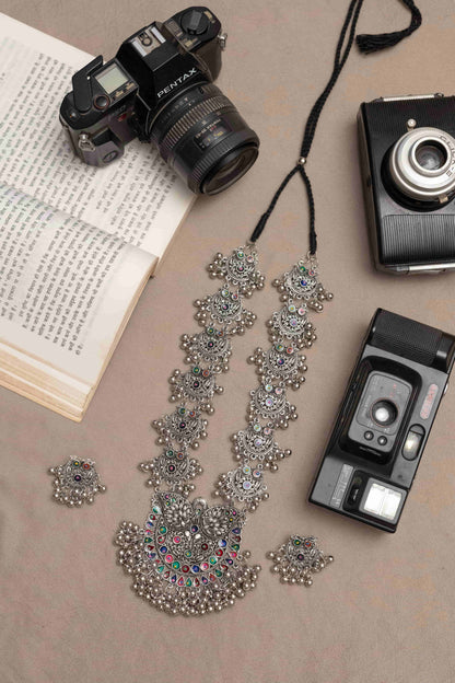 Oxidised Vibrant Meena Necklace with Detailed Beads