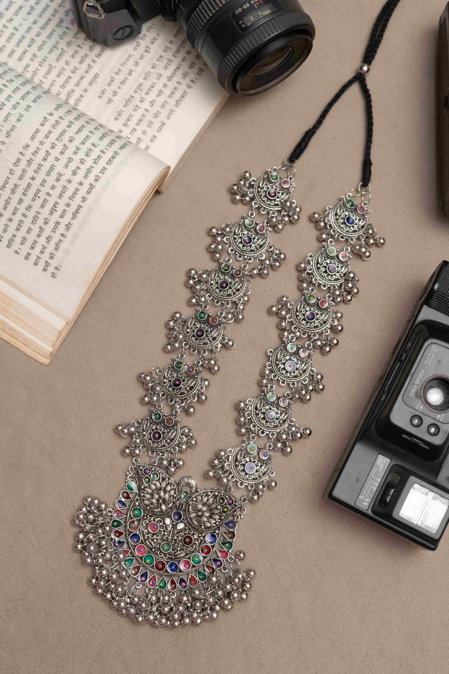Oxidised Vibrant Meena Necklace with Detailed Beads