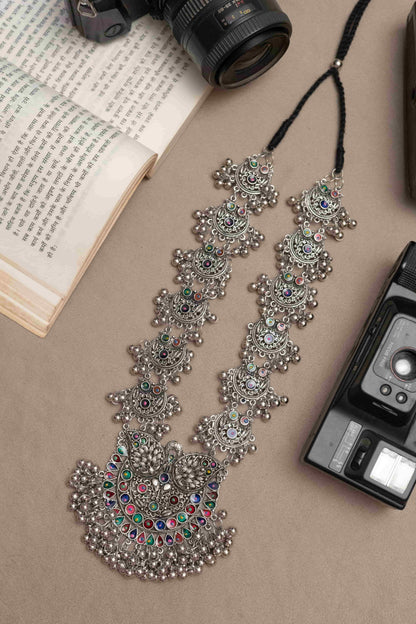 Oxidised Vibrant Meena Necklace with Detailed Beads