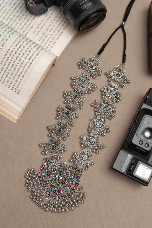 Oxidised Vibrant Meena Necklace with Detailed Beads