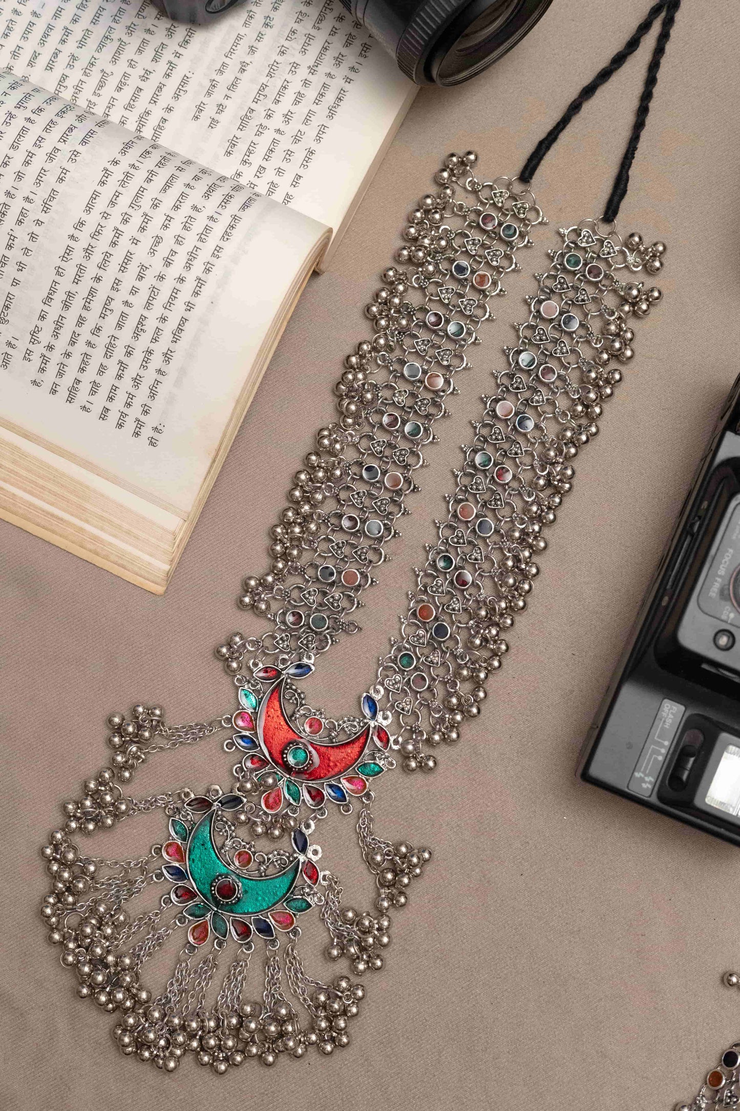 Oxidised Meena Work Necklace Featuring Vibrant Colored Stones