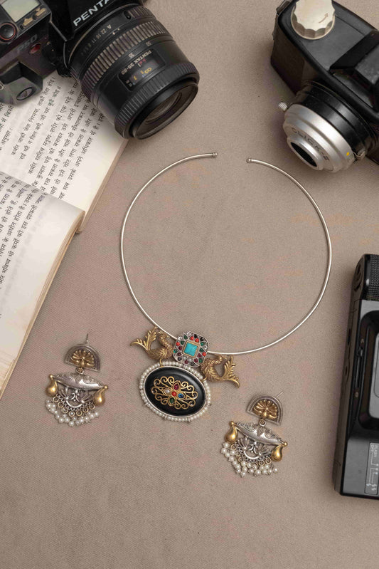 German Silver Choker with Ornate Pendant and Earrings