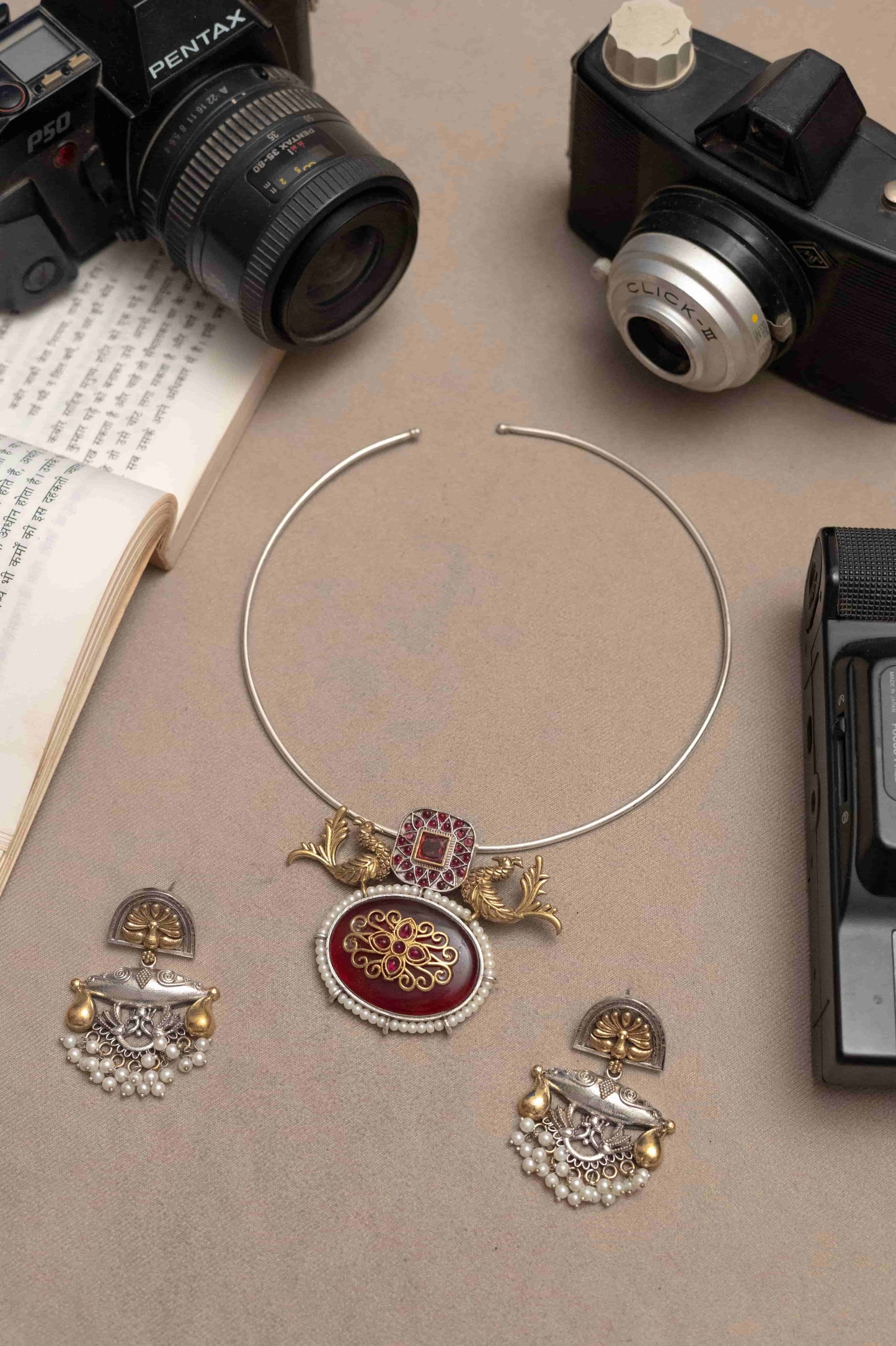 German Silver Choker with Ornate Pendant and Earrings