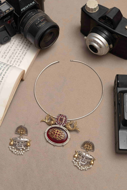 German Silver Choker with Ornate Pendant and Earrings