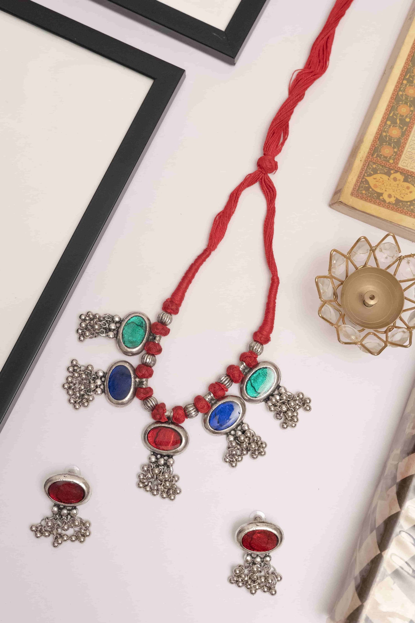 Oxidised Meenakari Necklace with Multicolor Stones