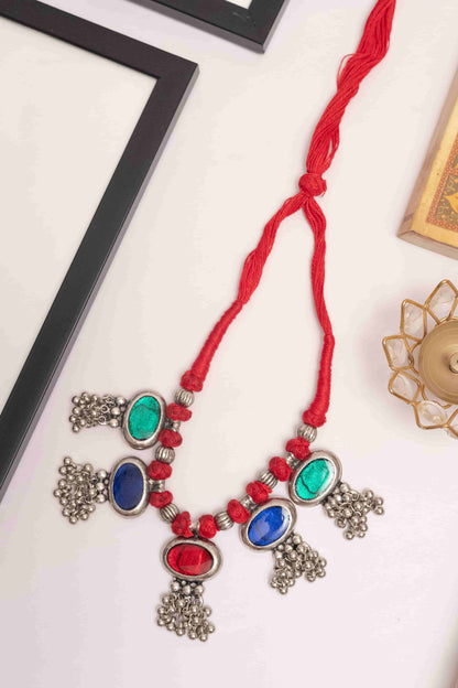 Oxidised Meenakari Necklace with Multicolor Stones