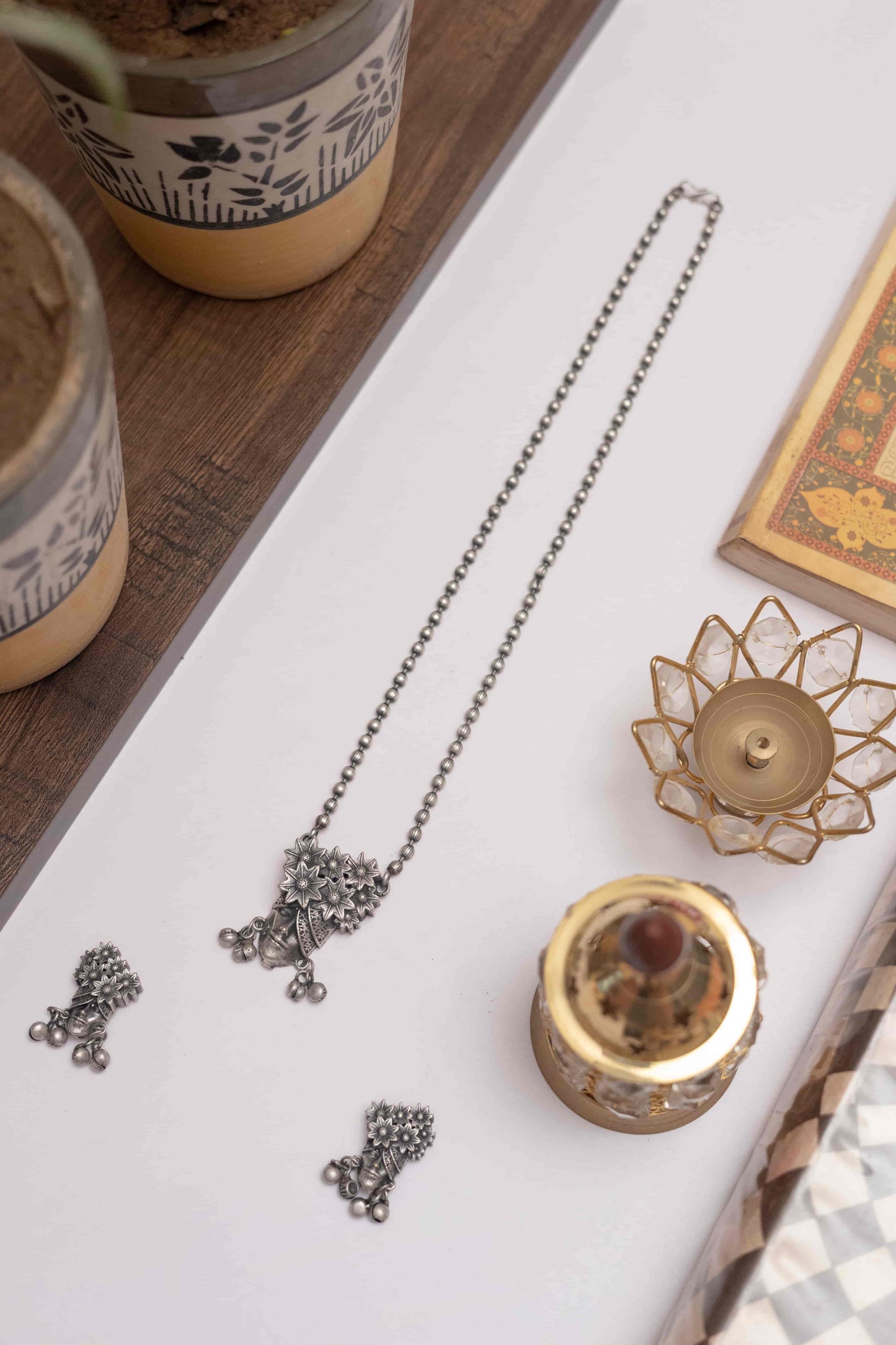 Oxidised Chain Pendant with Ghungroo Detailing & Earrings