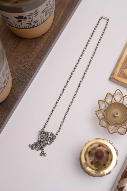 Oxidised Chain Pendant with Ghungroo Detailing & Earrings