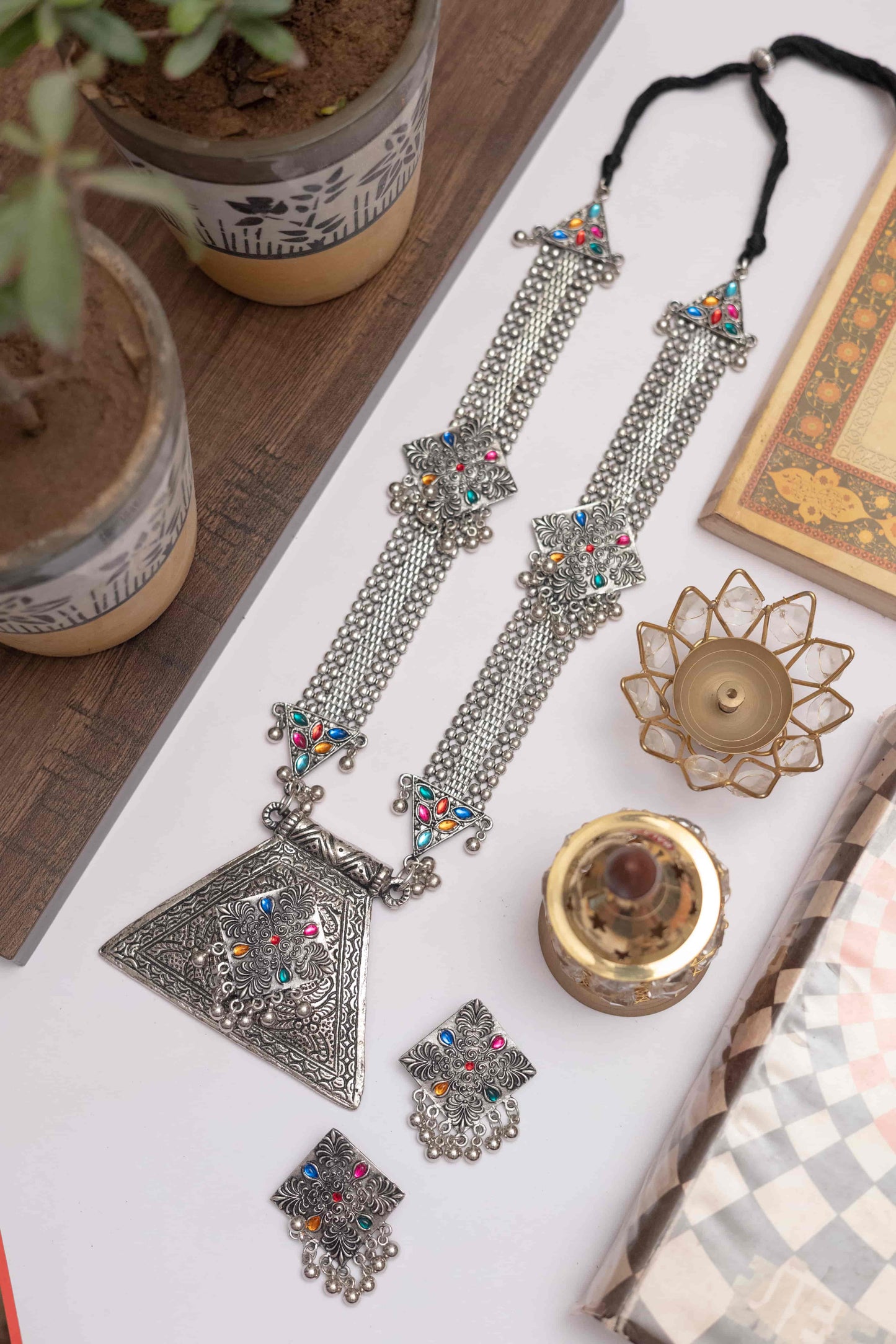 Oxidised Meena Long Chain Necklace with Triangle Pendant